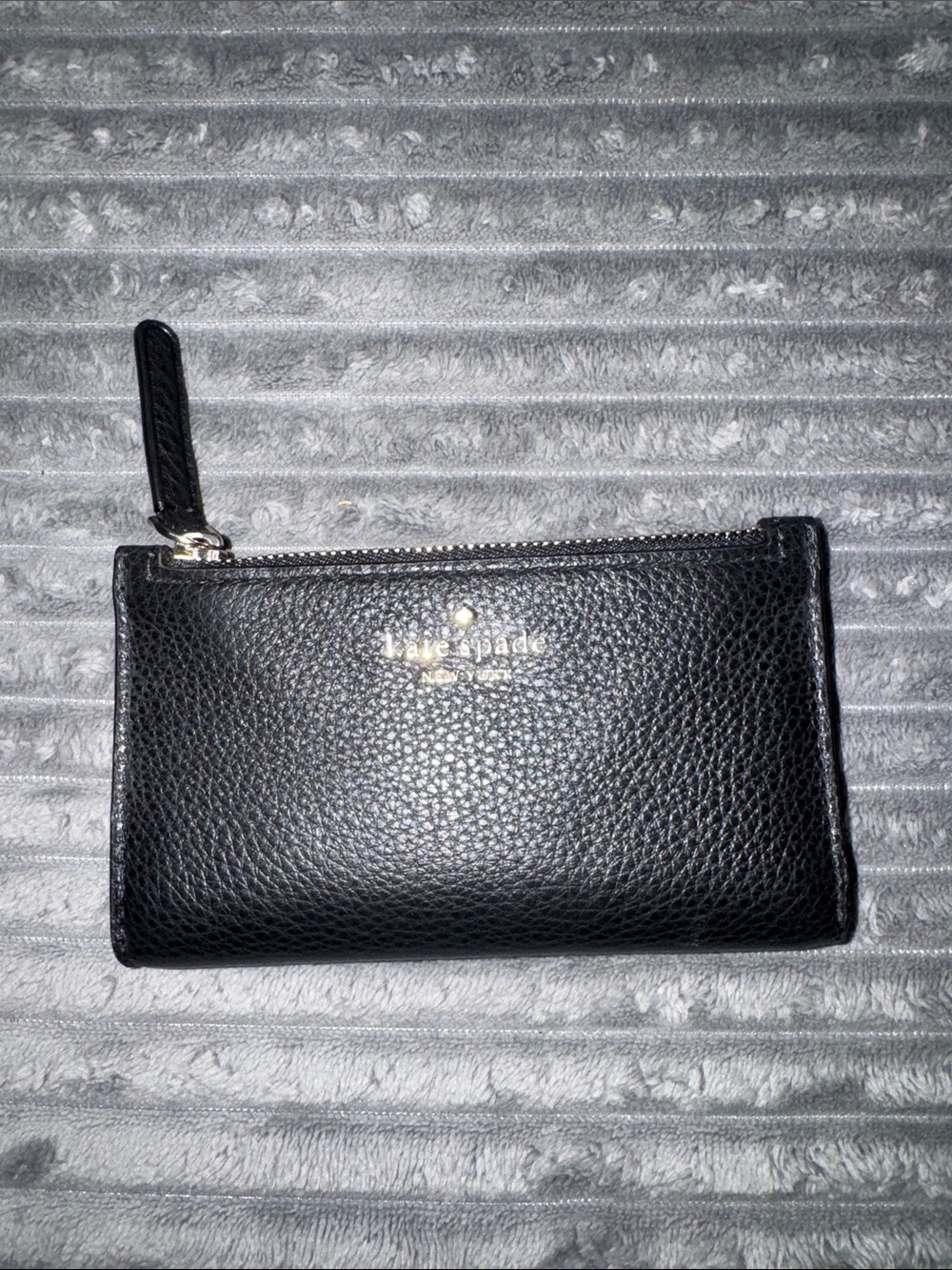 kate spade Black Pebbled Leather Zip Card Pouch with Gold Logo